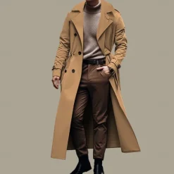 New OUKU Men's Transition Jacket Long Trench Coat Going out All Seasons Polyester Lightweight Outerwear Clothing Apparel Streetwear Plain Turndown Double Breasted