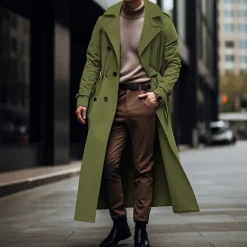 New OUKU Men's Transition Jacket Long Trench Coat Going out All Seasons Polyester Lightweight Outerwear Clothing Apparel Streetwear Plain Turndown Double Breasted