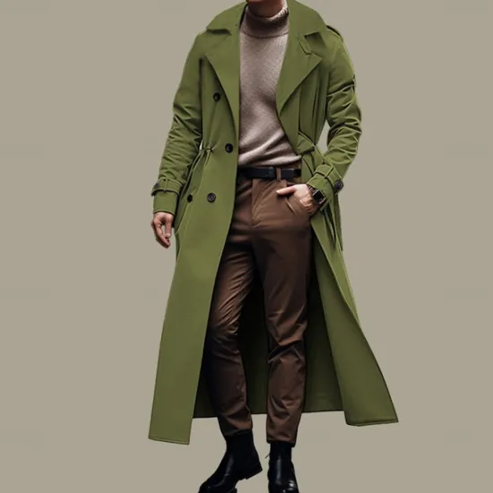 New OUKU Men's Transition Jacket Long Trench Coat Going out All Seasons Polyester Lightweight Outerwear Clothing Apparel Streetwear Plain Turndown Double Breasted