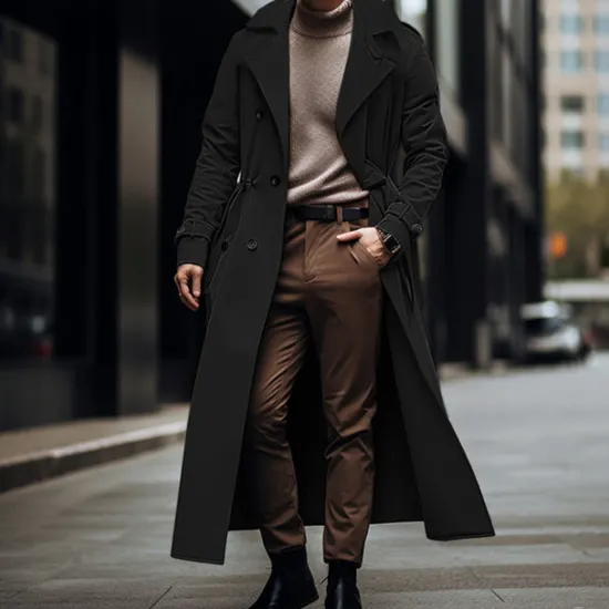 New OUKU Men's Transition Jacket Long Trench Coat Going out All Seasons Polyester Lightweight Outerwear Clothing Apparel Streetwear Plain Turndown Double Breasted