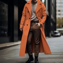 New OUKU Men's Transition Jacket Long Trench Coat Going out All Seasons Polyester Lightweight Outerwear Clothing Apparel Streetwear Plain Turndown Double Breasted