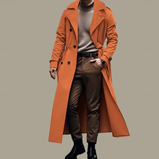 New OUKU Men's Transition Jacket Long Trench Coat Going out All Seasons Polyester Lightweight Outerwear Clothing Apparel Streetwear Plain Turndown Double Breasted
