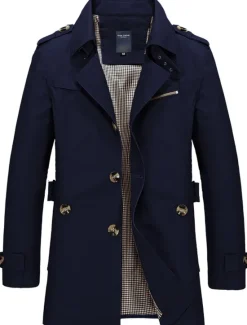 Online OUKU Men's Transition Jacket Trench Coat Outdoor All Seasons Polyester Windbreaker Outerwear Clothing Apparel Streetwear Plain Front Pocket Lapel Single Breasted