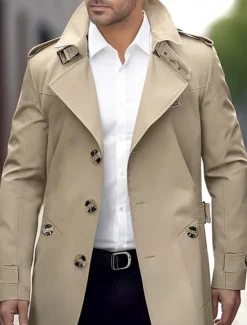 Online OUKU Men's Transition Jacket Trench Coat Outdoor All Seasons Polyester Windbreaker Outerwear Clothing Apparel Streetwear Plain Front Pocket Lapel Single Breasted