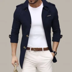 Sale OUKU Men's Transition Jacket Trench Coat Going out Spring & Fall Polyester Windbreaker Outerwear Clothing Apparel Streetwear Plain Turndown Single Breasted