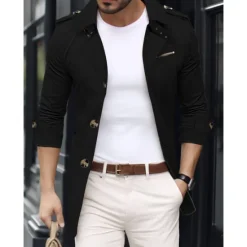Sale OUKU Men's Transition Jacket Trench Coat Going out Spring & Fall Polyester Windbreaker Outerwear Clothing Apparel Streetwear Plain Turndown Single Breasted