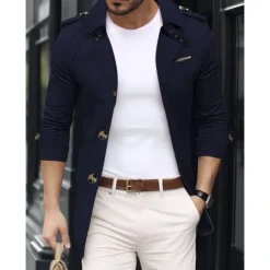 Sale OUKU Men's Transition Jacket Trench Coat Going out Spring & Fall Polyester Windbreaker Outerwear Clothing Apparel Streetwear Plain Turndown Single Breasted