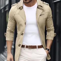 Sale OUKU Men's Transition Jacket Trench Coat Going out Spring & Fall Polyester Windbreaker Outerwear Clothing Apparel Streetwear Plain Turndown Single Breasted