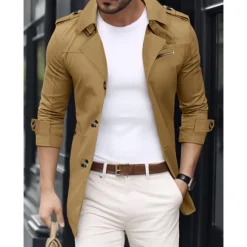 Sale OUKU Men's Transition Jacket Trench Coat Going out Spring & Fall Polyester Windbreaker Outerwear Clothing Apparel Streetwear Plain Turndown Single Breasted