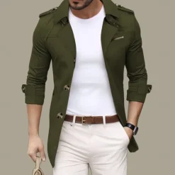 Sale OUKU Men's Transition Jacket Trench Coat Going out Spring & Fall Polyester Windbreaker Outerwear Clothing Apparel Streetwear Plain Turndown Single Breasted