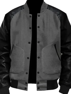 Online OUKU Men's Transition Jacket Varsity Jacket Daily Wear Leather Sleeved Spring & Fall Plain Streetwear Stand Collar Short Black White Light Grey Dark Gray Jacket