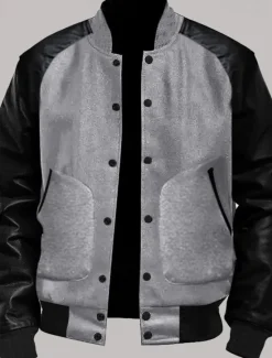 Online OUKU Men's Transition Jacket Varsity Jacket Daily Wear Leather Sleeved Spring & Fall Plain Streetwear Stand Collar Short Black White Light Grey Dark Gray Jacket