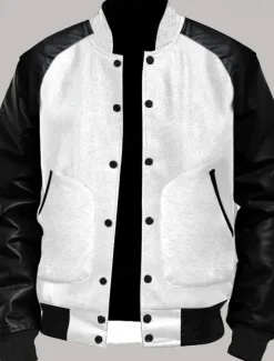 Online OUKU Men's Transition Jacket Varsity Jacket Daily Wear Leather Sleeved Spring & Fall Plain Streetwear Stand Collar Short Black White Light Grey Dark Gray Jacket