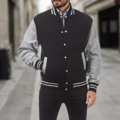 Outlet OUKU Men's Transition Jacket Varsity Jacket Baseball Physical Therapy Basic All Seasons Classic School Uniforms Regular Black Navy Blue Royal Blue Light Grey Jacket