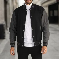 Outlet OUKU Men's Transition Jacket Varsity Jacket Baseball Physical Therapy Basic All Seasons Classic School Uniforms Regular Black Navy Blue Royal Blue Light Grey Jacket