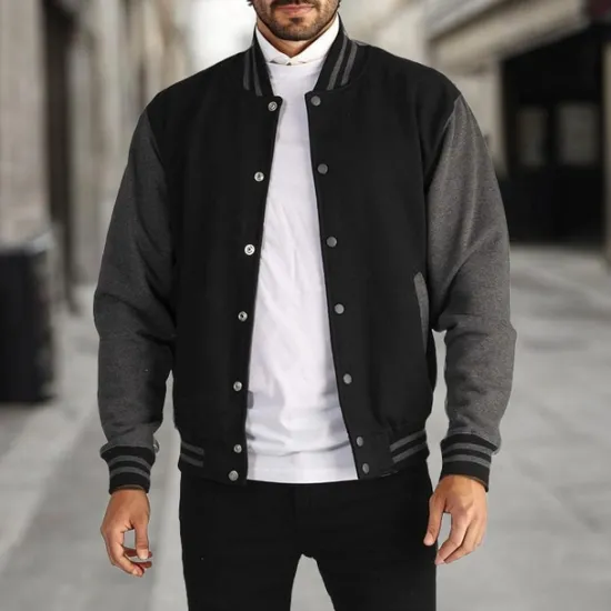 Outlet OUKU Men's Transition Jacket Varsity Jacket Baseball Physical Therapy Basic All Seasons Classic School Uniforms Regular Black Navy Blue Royal Blue Light Grey Jacket