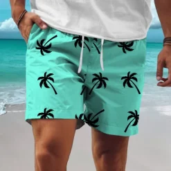 OUKU Men's Tree Coconut Tree Swim Shorts Board Shorts Swimming Trunks Mid Waist Fashion Streetwear Designer Casual Daily Holiday Pocket Elastic Waist 3D Print Designer Clothing Apparel Lake blue