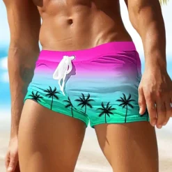 Hot OUKU Men's Tree Coconut Tree Swim Trunks Swim Shorts Board Shorts Mid Waist Fashion Designer Surfing Holiday Beach Pocket Drawstring Elastic Waist Designer Clothing Apparel