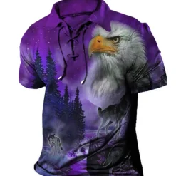 Discount OUKU Men's Tree Graphic Prints Eagle Polo Shirt Golf Shirt Short Sleeve Shirt Turndown Outdoor Street Light Green Red Blue Purple Green Drawstring Print Clothing Apparel Sports Fashion Streetwear Designer