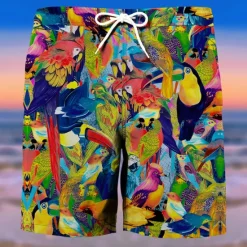 Online OUKU Men's Tree Parrot Flower / Plants Swimming Trunks Board Shorts Shorts Mid Waist Fashion Streetwear Designer Casual Daily Holiday Pocket Drawstring Elastic Waist Designer Clothing Apparel