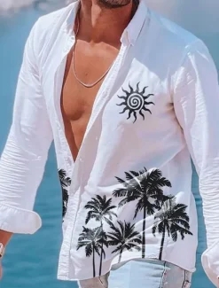 Online OUKU Men's Tree Sun Tropical Plants Summer Shirt Beach Shirt Summer Hawaiian Shirt Long Sleeve Shirt Lapel Fashion Classic Casual Vacation Hawaiian Holiday White Blue Khaki S M L