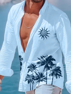 Online OUKU Men's Tree Sun Tropical Plants Summer Shirt Beach Shirt Summer Hawaiian Shirt Long Sleeve Shirt Lapel Fashion Classic Casual Vacation Hawaiian Holiday White Blue Khaki S M L