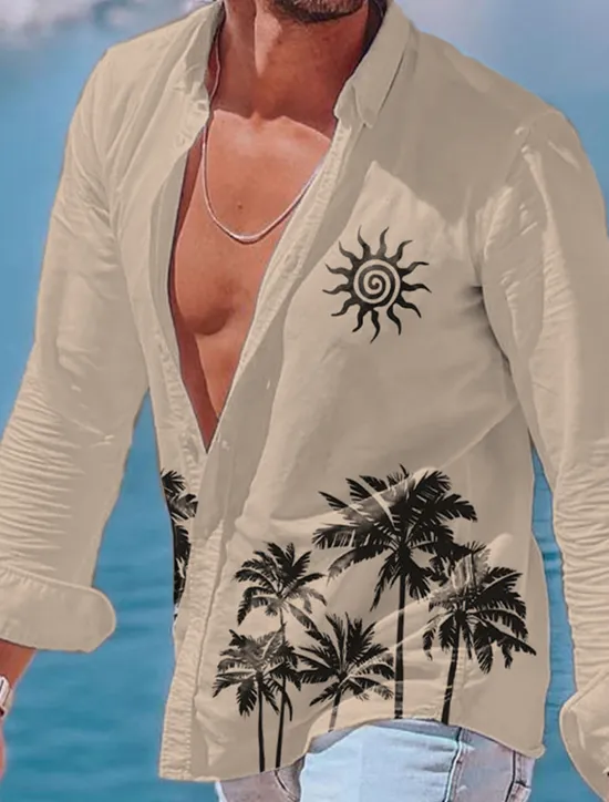 Online OUKU Men's Tree Sun Tropical Plants Summer Shirt Beach Shirt Summer Hawaiian Shirt Long Sleeve Shirt Lapel Fashion Classic Casual Vacation Hawaiian Holiday White Blue Khaki S M L