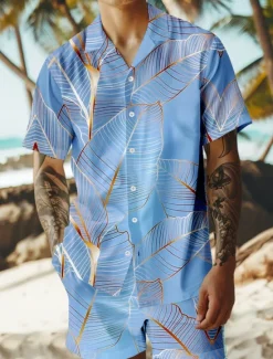 Online OUKU Men's Trees / Leaves 2pcs Shirts Sets Summer Hawaiian Shirt Short Sleeve Short Pants Cuban Collar Vacation Party Casual Daily 3D Print Summer Lake blue Violet Green
