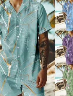 Online OUKU Men's Trees / Leaves 2pcs Shirts Sets Summer Hawaiian Shirt Short Sleeve Short Pants Cuban Collar Vacation Party Casual Daily 3D Print Summer Lake blue Violet Green