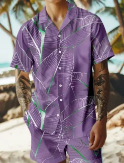 Online OUKU Men's Trees / Leaves 2pcs Shirts Sets Summer Hawaiian Shirt Short Sleeve Short Pants Cuban Collar Vacation Party Casual Daily 3D Print Summer Lake blue Violet Green