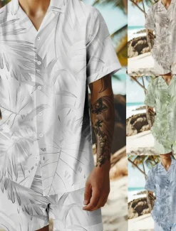 Discount OUKU Men's Trees / Leaves 2pcs Shirts Sets Summer Hawaiian Shirt Short Sleeve Short Pants Cuban Collar Vacation Casual Beach Vacation Wear 3D Print Summer Grey White Light Green