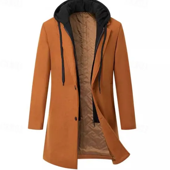 Hot OUKU Men's Trench Coat Long Trench Coat Daily Vacation Fall & Winter Polyester Thermal Warm Outerwear Clothing Apparel Fashion Classic Color Block Patchwork Hooded Single Breasted