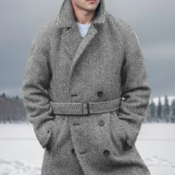 Online OUKU Men's Trench Coat Long Trench Coat Daily Vacation Fall & Winter Polyester Thermal Warm Outerwear Clothing Apparel Fashion Classic Geometric Pocket Lapel Double Breasted Gray