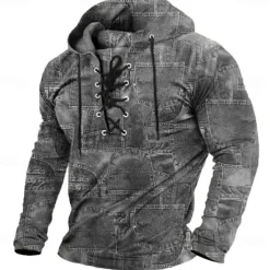 Online OUKU Men's Tribal Bandana Print Stylish Ethnic Long Sleeve Hooded Streetwear Blue Khaki Drawstring Layered Fall Winter Designer