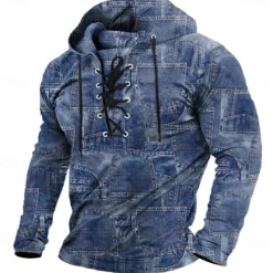 Online OUKU Men's Tribal Bandana Print Stylish Ethnic Long Sleeve Hooded Streetwear Blue Khaki Drawstring Layered Fall Winter Designer