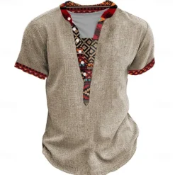 OUKU Men's Tribal Bandana Print T Shirt Henley Shirt Short Sleeve 3D Print Designer Ethnic Vacation Casual Daily Summer Spring Heather Gray Khaki Black Gray Henley Henley T-Shirt