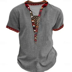 OUKU Men's Tribal Bandana Print T Shirt Henley Shirt Short Sleeve 3D Print Designer Ethnic Vacation Casual Daily Summer Spring Heather Gray Khaki Black Gray Henley Henley T-Shirt