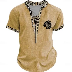 Discount OUKU Men's Tribal Bandana Print T Shirt Henley Shirt Short Sleeve 3D Print Designer Ethnic Vacation Casual Daily Summer Spring Yellow Green Khaki Henley Henley T-Shirt