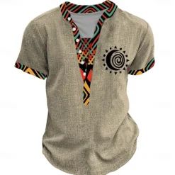 OUKU Men's Tribal Bandana Print T Shirt Henley Shirt Short Sleeve 3D Print Designer Ethnic Vacation Casual Daily Summer Spring Yellow Green Khaki Henley Henley T-Shirt