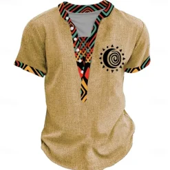 OUKU Men's Tribal Bandana Print T Shirt Henley Shirt Short Sleeve 3D Print Designer Ethnic Vacation Casual Daily Summer Spring Yellow Green Khaki Henley Henley T-Shirt