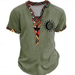 OUKU Men's Tribal Bandana Print T Shirt Henley Shirt Short Sleeve 3D Print Designer Ethnic Vacation Casual Daily Summer Spring Yellow Green Khaki Henley Henley T-Shirt