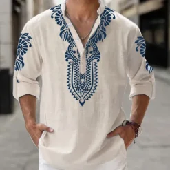 OUKU Men's Tribal Ethnic Bandana Print Shirt Linen Shirt Button Up Shirt Long Sleeve Tribal Vacation Daily Wear Going out Spring & Fall Stand Collar Buttons Print White Blue Khaki