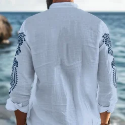 OUKU Men's Tribal Ethnic Bandana Print Shirt Linen Shirt Button Up Shirt Long Sleeve Tribal Vacation Daily Wear Going out Spring & Fall Stand Collar Buttons Print White Blue Khaki