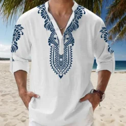 OUKU Men's Tribal Ethnic Bandana Print Shirt Linen Shirt Button Up Shirt Long Sleeve Tribal Vacation Daily Wear Going out Spring & Fall Stand Collar Buttons Print White Blue Khaki