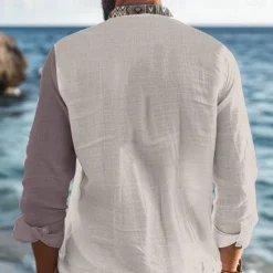 OUKU Men's Tribal Ethnic Shirt Linen Shirt Button Up Shirt Long Sleeve Tribal Vacation Daily Wear Going out Spring & Fall Stand Collar Buttons Print White Khaki Gray