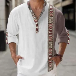 OUKU Men's Tribal Ethnic Shirt Linen Shirt Button Up Shirt Long Sleeve Tribal Vacation Daily Wear Going out Spring & Fall Stand Collar Buttons Print White Khaki Gray