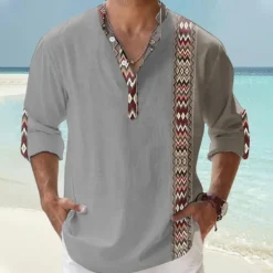 OUKU Men's Tribal Ethnic Shirt Linen Shirt Button Up Shirt Long Sleeve Tribal Vacation Daily Wear Going out Spring & Fall Stand Collar Buttons Print White Khaki Gray