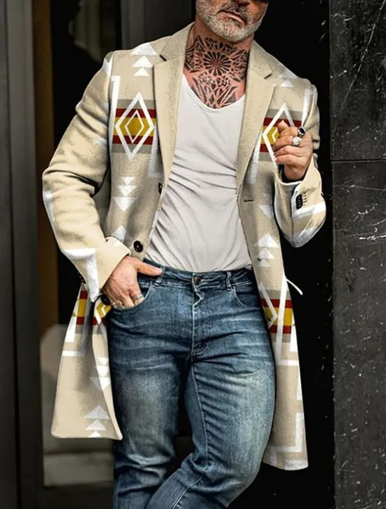 OUKU Men's Tribal Geometry Bandana Print Winter Coat Overcoat Coat Warm Breathable Comfortable Vintage Business Casual Work Wear to work Going out Pocket Print Fall & Winter Stand Collar Long Sleeve Brown