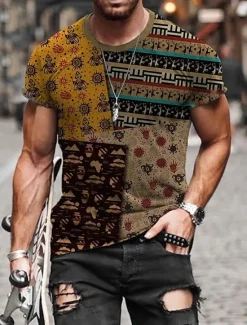 Hot OUKU Men's Tribal Graphic Prints Totem T Shirt Short Sleeve T shirt Other Prints Round Neck Shirt Designer Basic Casual Street Casual A B C Summer Spring & Summer Clothing Apparel Normal S M L XL XXL 3XL