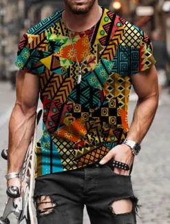 Hot OUKU Men's Tribal Graphic Prints Totem T Shirt Short Sleeve T shirt Other Prints Round Neck Shirt Designer Basic Casual Street Casual A B C Summer Spring & Summer Clothing Apparel Normal S M L XL XXL 3XL